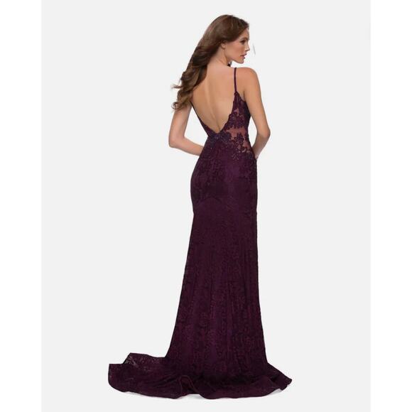 La Femme Women's 8 Dark Berry Deep V-neck Stretch Sparkle Embellished Lace Gown - Picture 2 of 16